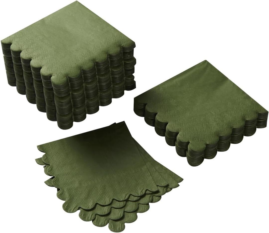 200 Pack Cocktail Napkin 2-Ply Scalloped Edged Dessert Napkins Folded 5 x 5 Inches Disposable Napkins for Dinner Wedding Birthday Party Bridal Anniversary Reception Event (Green)