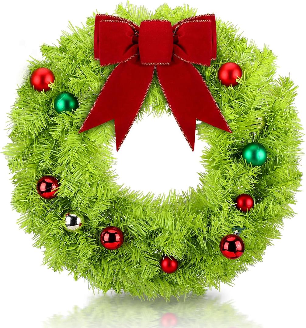 17.72 Inch Lime Green Christmas Wreaths for Front Door Artificial Wreath with Christmas Ball Bow Green Xmas Decorations for Outdoor Indoor Party Wall Table Home Decor