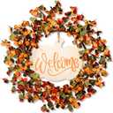 Fall Wreath for Front Door 20 inch, Autumn Artificial Wreath with Vibrant Leaves, Mini Pumpkin Berries & Pumpkin Wooden Welcome Sign for Front Door, Fall Decorations for Home Indoor & Outdoor
