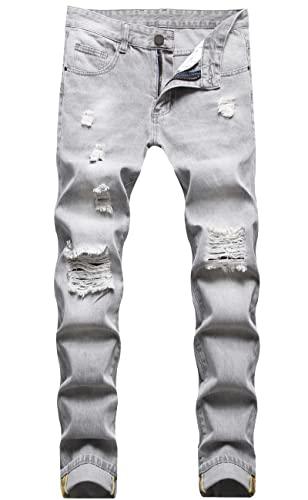 Men's Mid Wiast Light Grey Skinny Fit Ripped Destroyed Distressed Casual Fashion Washed Jeans,870,32