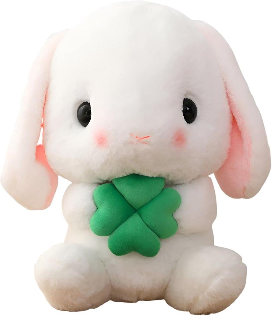 HOUPU Soft Toy - Sitting Lop Eared Rabbit, Easter White Rabbit Stuffed Bunny Animal with Carrot Soft Lovely Realistic Long-Eared Standing Pink Plush Toys (White-Four Leaf,8.6in/22cm)