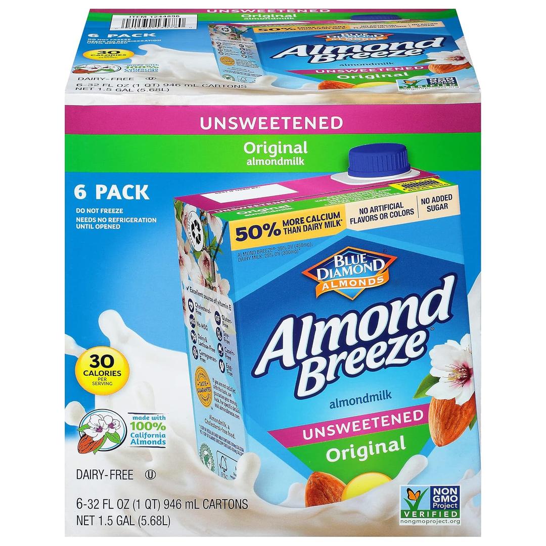 Almond Breeze Dairy Free Almondmilk Unsweetened Original 32 Oz Boxes, 6 Count (EXP 06/13/27)