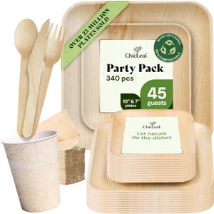 Chic Leaf Compostable & Biodegradable Palm Leaf Disposable Party Plates, Cups & Napkins Set - 10" & 7", 45 Person Set - Heavy Duty Party Supplies - Square Appetizer Plates, Cups & Napkins Disposable