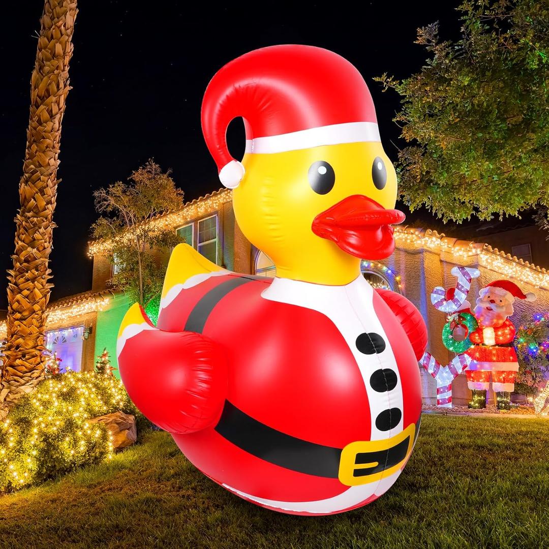 1 Pcs 4.6 Feet Christmas Giant Inflatable Snowman Duck Outdoor Decorations,Huge Blow Up Yard Yellow Duck with Red Snowman Cloth Pool Float for Indoor Christmas Holiday Party Garden Patio Lawn Decor 