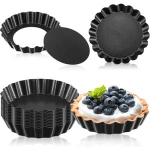 Tessco 16 Pieces Mini Tart Pans with Removable Bottom Nonstick Quiche Mini Pie Tart Pans Bakeware Mold Fluted Side for Pies(Black Gray Round,3 Inch)