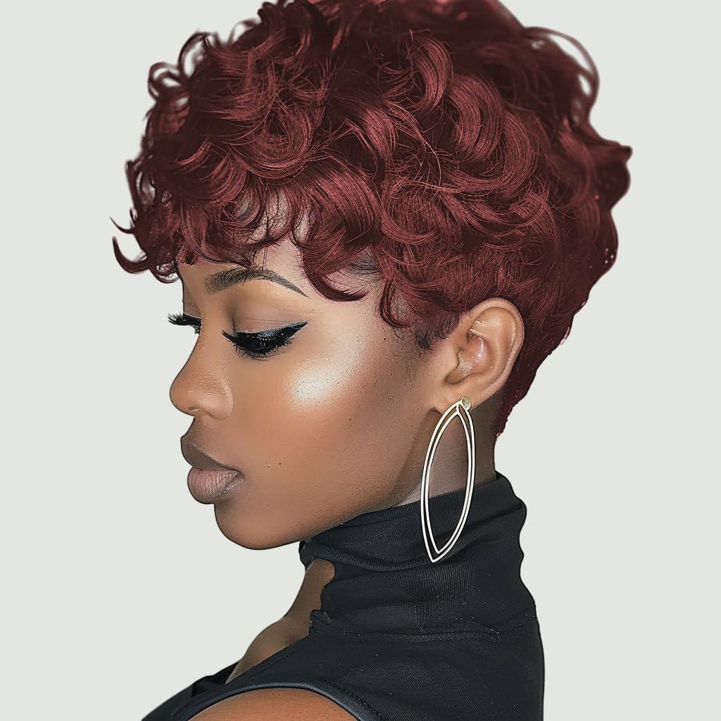 Burgundy Short Pixie Cut Wig for Black Women Wine Red Short Wigs For Black Women Pixie Cut Wigs 99J Wine Red Colors(Wine Red)