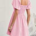 Women Puff Sleeve Graduation Short Dress Square Neck A Line Casual Sundress Beach Wedding Guest Mini Dress (Pink, S)