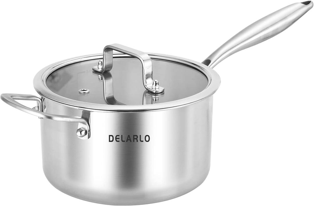 DELARLO Tri-Ply Stainless Steel Saucepan, 3.5 QT Saucepan with Lid, All Stove Compatible 500, Induction Sauce Pot, Heavy Duty Saucier, Dishwasher Safe Saucepan, Induction Pot 3.5 Quart, Even Heat