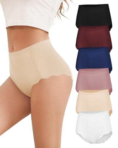 Cevapro Seamless Underwear for Women, High Waisted Women's Panties with Wave Edge No Show Full Coverage Ladies Briefs 6 Pack, S