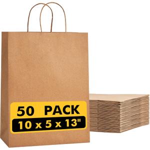RACETOP 50 Pcs Kraft Shopping Bags 10x5x13 In Brown Paper Bags with Handles Bulk, Recycled Paper Gift Bag for Birthday Party Favors Grocery Retail Shopping Business