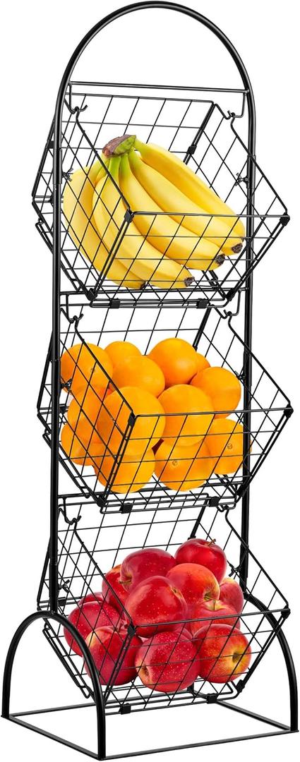 Sorbus 3-Tier Wire Market Basket Storage for Fruit, Vegetables, Toiletries, Household Items, Stylish Tiered Serving Stand for Kitchen, Bathroom Organization, Black