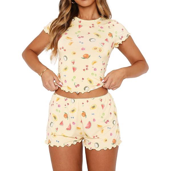 Cioatin Women 2 Pieces Pajama Sets Y2K Summer Floral Fruit Print Lounge Set Short Sleeve Crop Tops and Shorts Sleepwear, S Cioatin Women 2 Pieces Pajama Sets Y2K Summer Floral Fruit Print Lounge Set Short Sleeve Crop Tops and Shorts Sleepwear, S