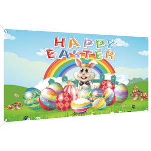 Happy Easter Day Backdrop Banner 78 x 43 inch Large Size Easter Banner Blue Background Banners Easter Party Decorations Supplies for Men Easter Spring Party Decorations Celebration