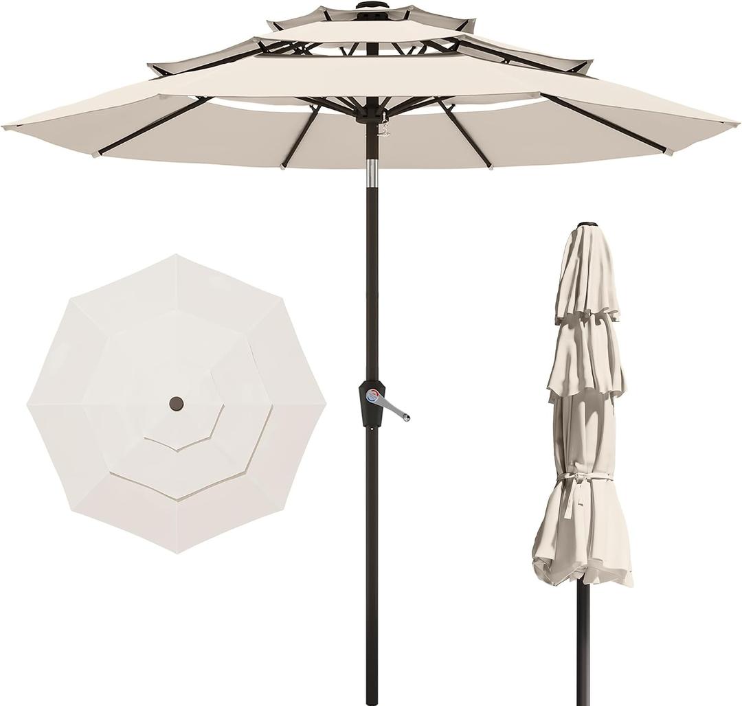 PatioKingdom 9ft 3-Tier Patio Market Umbrella with Crank/Tilt, Commercial Heavy Duty Wind Proof,Outdoor Table Umbrella with 8 Fiberglass Ribs,UPF50+ for Deck,Pool,Garden,Backyard (Creamy-white)