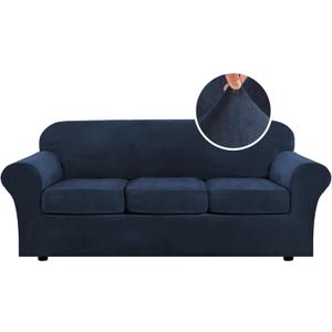 H.VERSAILTEX Modern Velvet Plush 4 Piece High Stretch Sofa Slipcover Sofa Cover Furniture Protector Form Fit Luxury Thick Velvet Sofa Cover for 3 Cushion Couch Width Up to 90 Inch (Sofa,Navy)