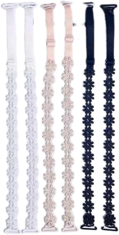3 Pairs Bra Straps Decorative, White Black Skin Color Elastic Lace Flowers Dress Strapless Replacement Shoulder for Women Girls