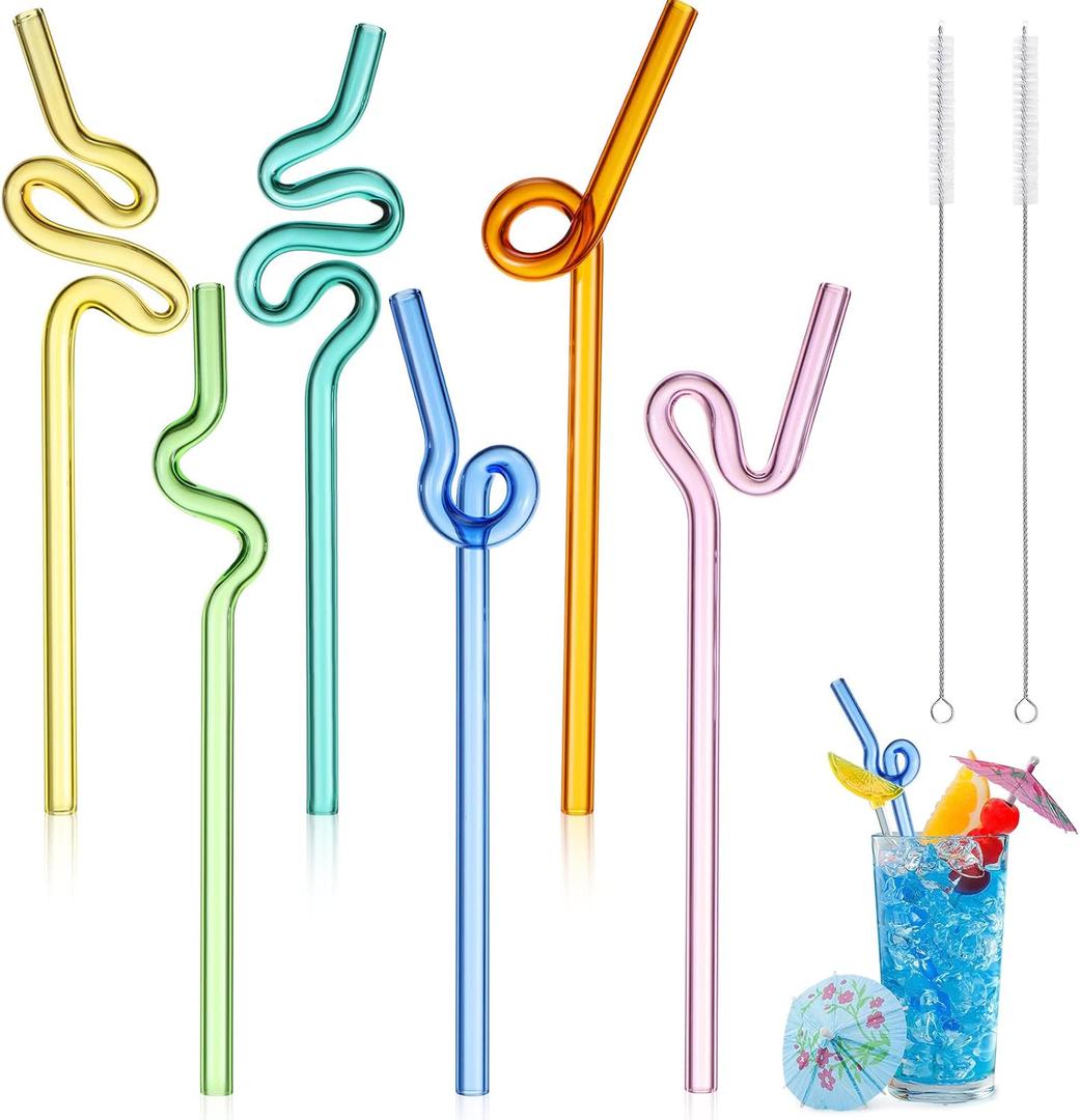 Yinkin 6 Pcs Wavy Glass Straws Reusable Curved Straw Shatter Resistant with 2 Cleaning Brushes Clear Silly High Borosilicate for Kids Adults Smoothies Juice (Colorful, 8 Inch)