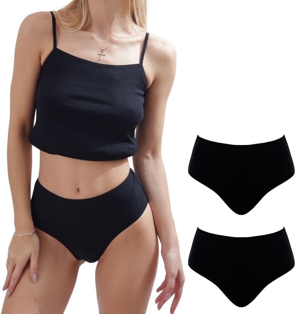 ORGANICKID Women's Organic Cotton High Waisted Underwear Full Briefs Soft Breathable GOTs Certified Ladies Panties pack of 2 (Black), S