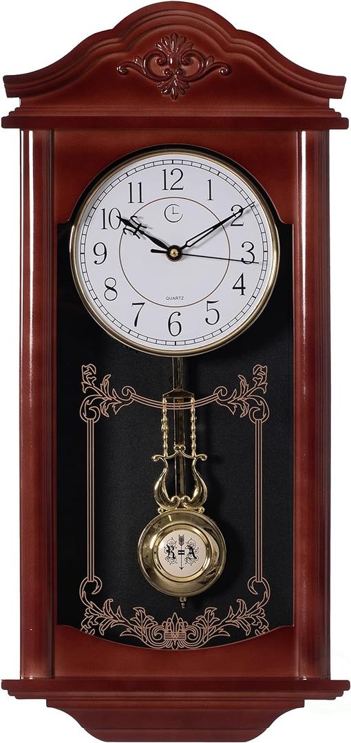 Clockswise Large Vintage Grandfather Wood- Looking Plastic Pendulum Wall Clock for Living Room, Kitchen, or Dining Room, Large Brown (23.7 Inch Height)