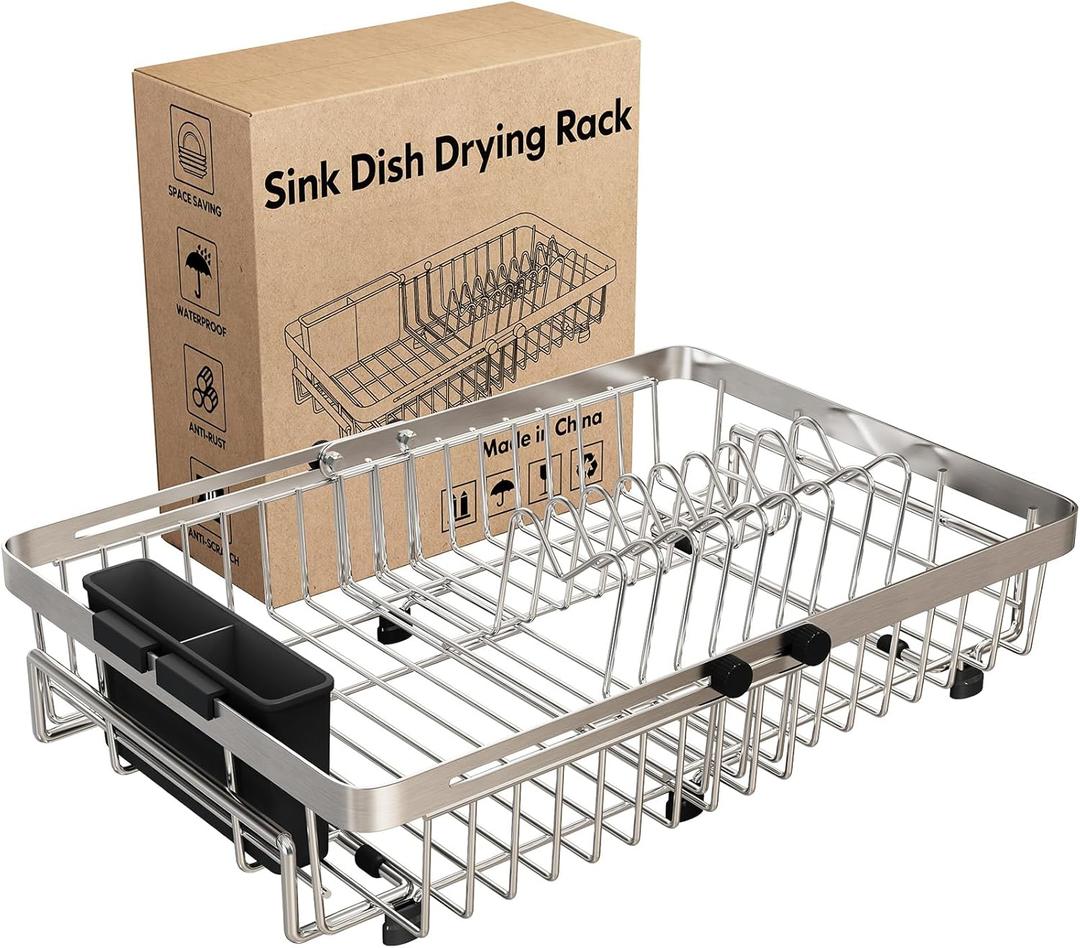 MAJALiS Over The Sink Dish Drying Rack for Small Kitchen Counter Space Saving, Expandable Stainless Steel Compact RV Plate Drain Strainer in Silver Wire Metal with Hanging Adjustable Utensil Holder