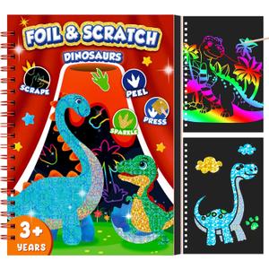 homicozy Art & Craft Activity for Kids - Foil Fun Dinosaurs & Scratch Art Book 2-in-1, No Mess Art Crafts for boys,DIY Creative Activity Kit,Gifts for Boys and Girls Ages 4, 5, 6, 7, 8, 9, Travel Toys