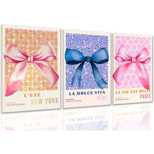 ZQARTZZQ Preppy Bow Wall Art Set of 3 Coquette Canvas Wall Decor Aesthetic Pictures Trendy Girly Wall Art Pink Blue Bow Prints Poster for Bedroom Living Room 16x24in
