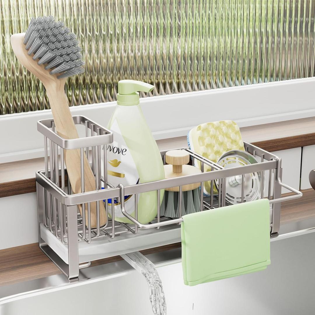 SWTYMIKI Sponge Holder for Kitchen Sink - Sink Caddy with Brush Holder Self-draining Sponge Caddy Organizer with Divider Stainless Steel Kitchen Accessories Storage for Countertop, Sand Nickel