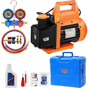 VTG VOGTEN 4.5 CFM AC Vacuum Pump and Gauge Set,for Mini Split/HVAC/Auto Systems,Manifold Gauge Kit Compatible with R22, R32, R134a,R410a,Includes 3 Hoses,2 R134a Can Tap,Upgraded Trifold Storage Case