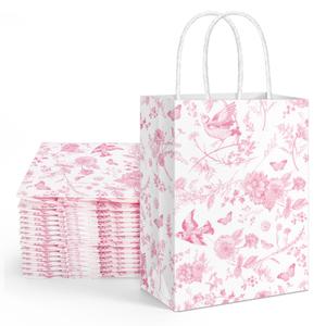 16 Pcs Floral Paper Gift Bags Pink White Flower Bird Party Favor Bag with Handle Chinoiserie Hydrangea Branches Goodie Candy Treat Bags for Wedding Birthday Anniversary Bridal Shower