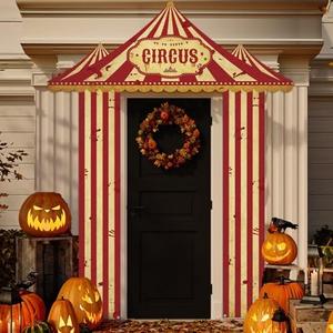 Chunnin Halloween Carnival Decorations Circus Party Awning Creepy Horror Circus White and Red Striped Porch Banner Creepy Carnival Tent for Halloween Eve Theme Party Photo Props Decorations