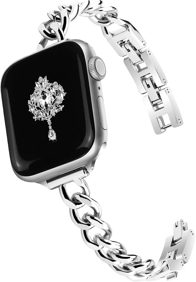 Slim Silver Band for Women Feminine Elegant Compatible with Apple Watch 38mm 40mm 41mm 42mm (S10) Adjustable Metal Strap Dressy Chain Bracelet for iWatch Series 10/9/8/7/6/5/4/3/2/1/SE