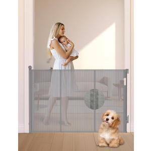 Reinforced Retractable Baby Gate, Extra 38" Tall, Extends up to 63" Wide, Hardwared Installation Mesh Gate for Stairs, Dog Gate, Child Pet Gate for Stairs, Doorways, Hallways, Indoo (Gray)
