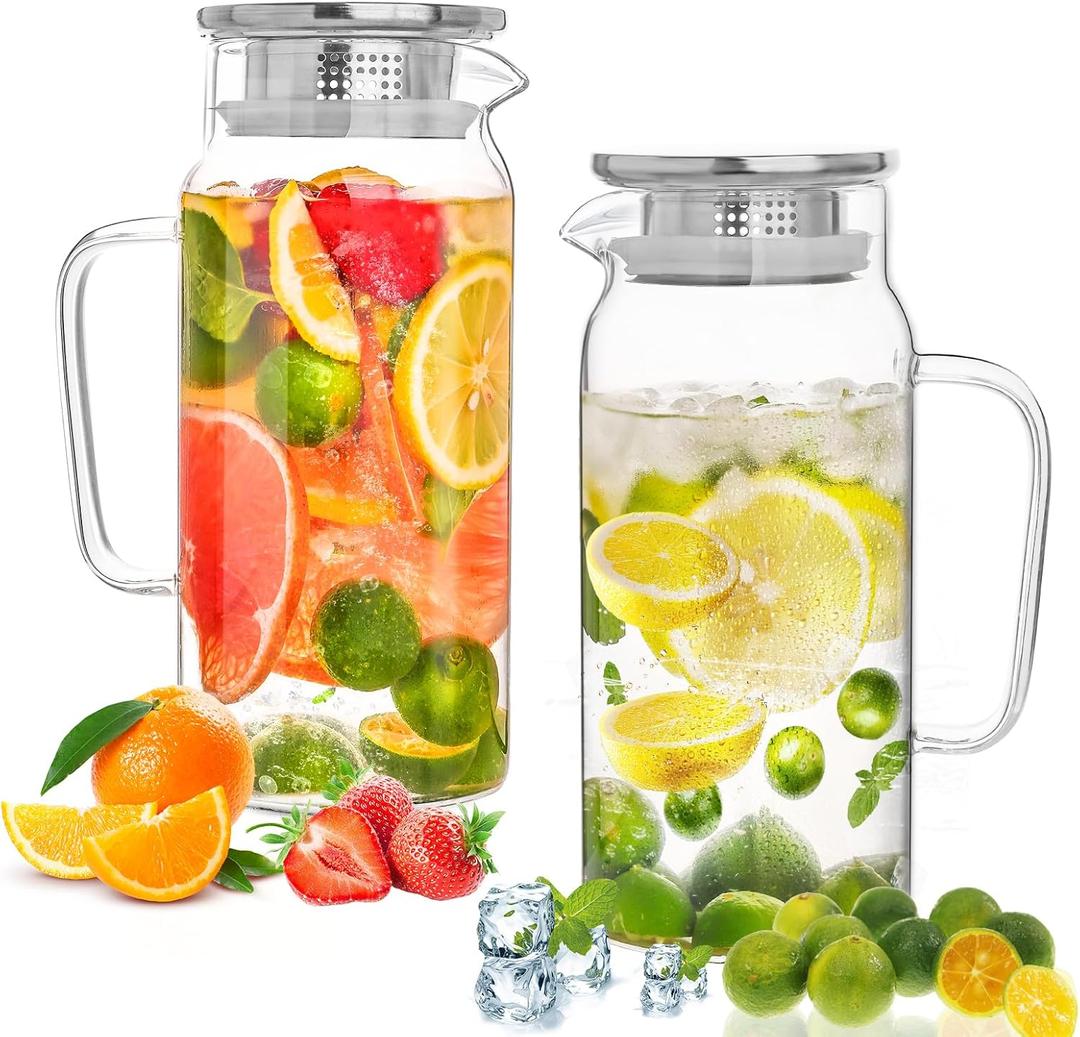 Set of 2 Glass Pitcher with Lid, 1200ml Leak Proof,Glass Water Jugs, BPA-Free,Microwave & Dishwasher Safe Pitcher,Sun & Iced Tea, Sangria,Cold Brew Coffee & More (1500ml)