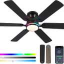 Ceiling Fans with Lights- 52" RGB Low Profile Indoor Ceiling Fan with Light and Remote/APP Control, Flush Mount, 6 Blade, LED Dimmable DC Reversible Modern Ceiling Fan for BedroomBlack