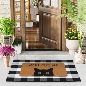 Door Mat Combo Set, 28" x 43" Plaid Mat +17" x 30" Black Cat with Green Eyes Doormat, 2 PCS Welcome Mat Set for Front Door, Entrance, Porch Decor, Non-Slip
