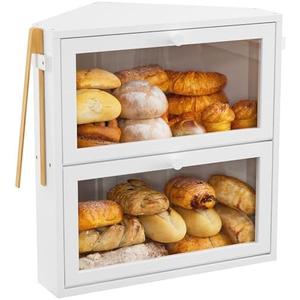 WOWLIVE Corner Bread Box for Kitchen Countertop, Large Double Layer Bread Storage Container for Homemade Bread, Black Bread Holder for Kitchen Counter, Under Cabinet Organizer (White, Extra Large)