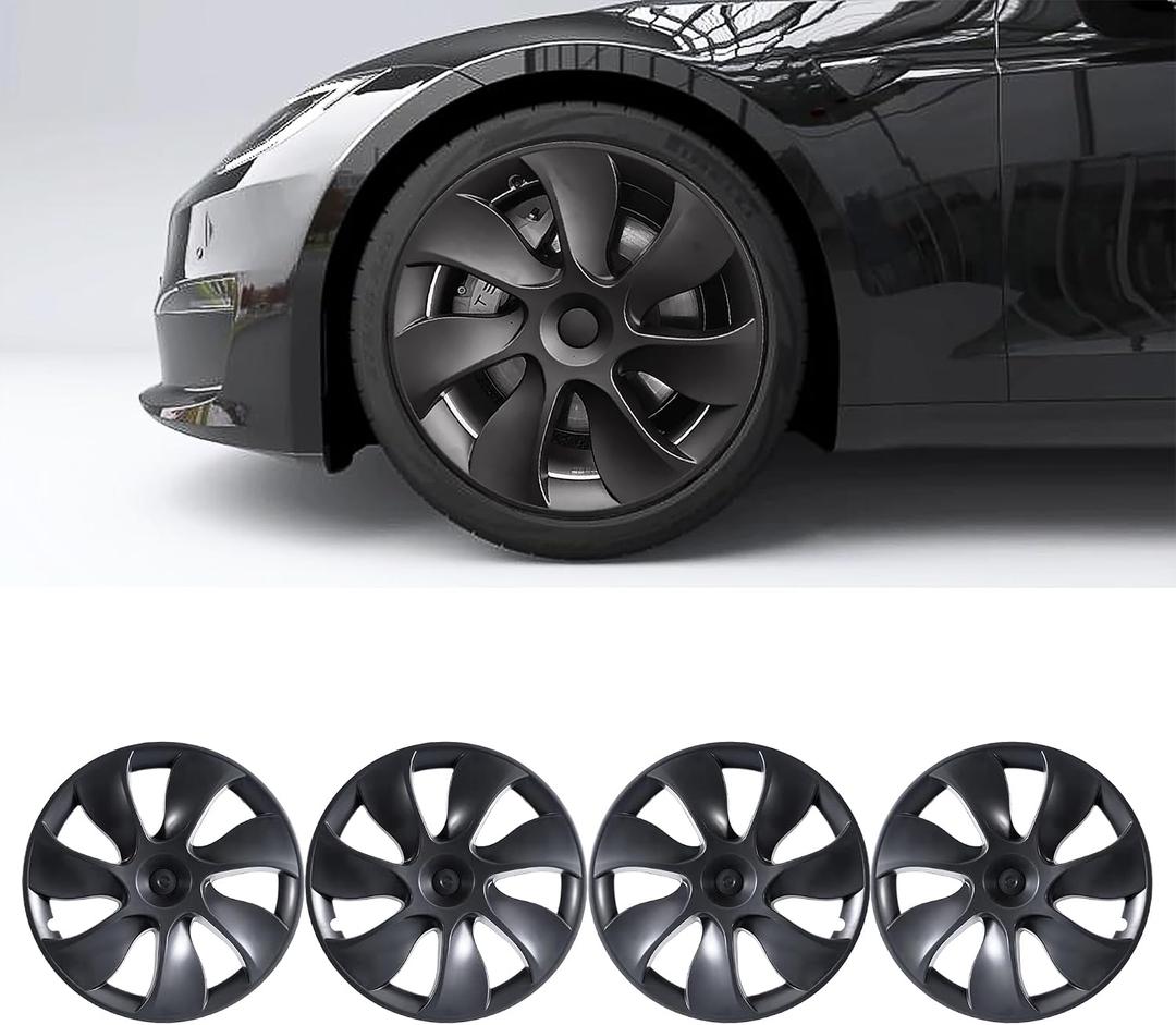 Tesla Model Y Wheel Covers 19 Inch 2020-2024 Uberturbine Tesla Model Y Uberturbine Hubcaps Left-Right Aero Symmetry, Matte Black, Wind Drag Reduction Model Y Accessories with Tire Repair Kit (4 Pack)