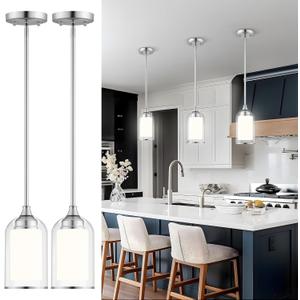 LIROUVET 2 Pack Pendant Light Fixtures, Modern Dual Glass Pendant Lights, Brushed Nickel Hanging Light with Clear and Milk Glass, Pendant Lights Kitchen Island for Dining Room PL02BN-2PK