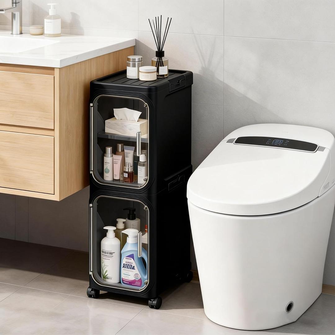 LXLXXL Narrow Storage Cabinet Slim Bathroom Storage Cabinet with Movable Wheels Tall Bathroom Organizer Skinny Cabinet for Small Spaces 2-Tier Black