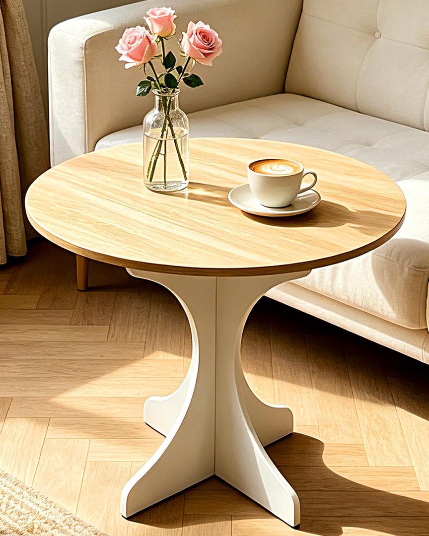 Mid Century Modern Round Side Table Accent End Table 24in Coffee Table with Walnut Wood Grain Tabletop & White Curved Base for Living Room Bedroom Sofa Corner, Pedestal Nightstand