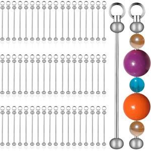 55 pcs Blank Beaded Keychain Bars DIY Keychain Accessories Metal Beaded Keychain Detachable Key Chain for Pendant DIY Crafts Jewelry Making Gift (Silver)