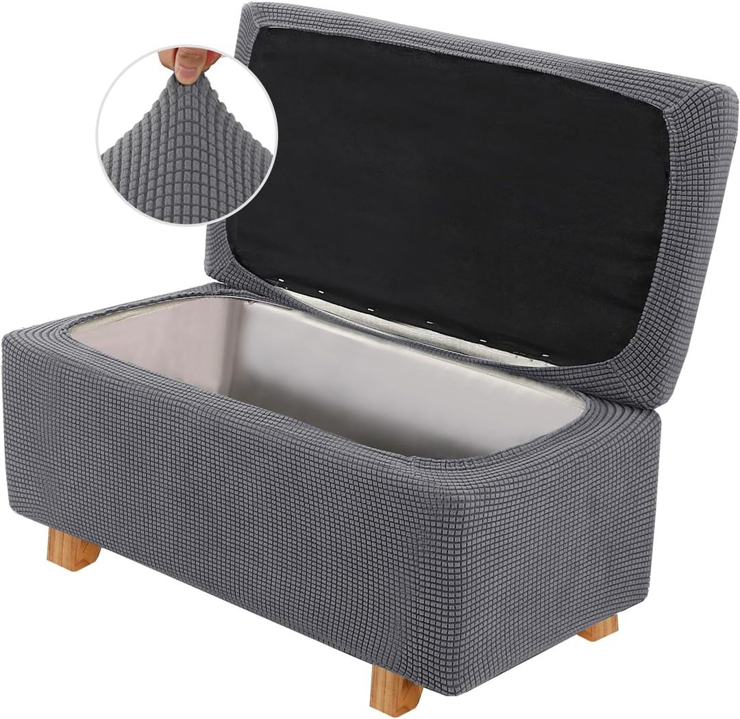 2-Piece Stretch Ottoman Covers  Rectangle Slipcovers for Folding Storage Stools, Non-Slip Elastic Bottom, Soft Fabric Furniture Protectors (Grey, Large)