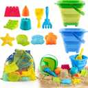 Collapsible Beach Toys for Toddlers Kids 2 Foldable Sand Buckets Shovel Rake, 8 Sand Molds & Castle Building Kit, Mesh Bag 13-Piece Travel Sandbox Toy Set Ages 3-12