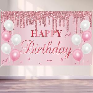 Pink Birthday Banner - Happy Birthday Banner Backdrop Decorations Sign Party Supplies