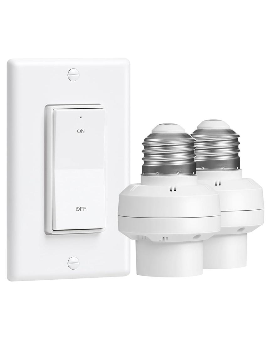 Remote Control Light Bulb Socket, Decorator Rocker Wall Switch, 200FT Range Wireless Light Switch for Pull Chain Light Fixture, E26 E27 Base, No Wiring Needed (1 Wall Switch and 2 Sockets)