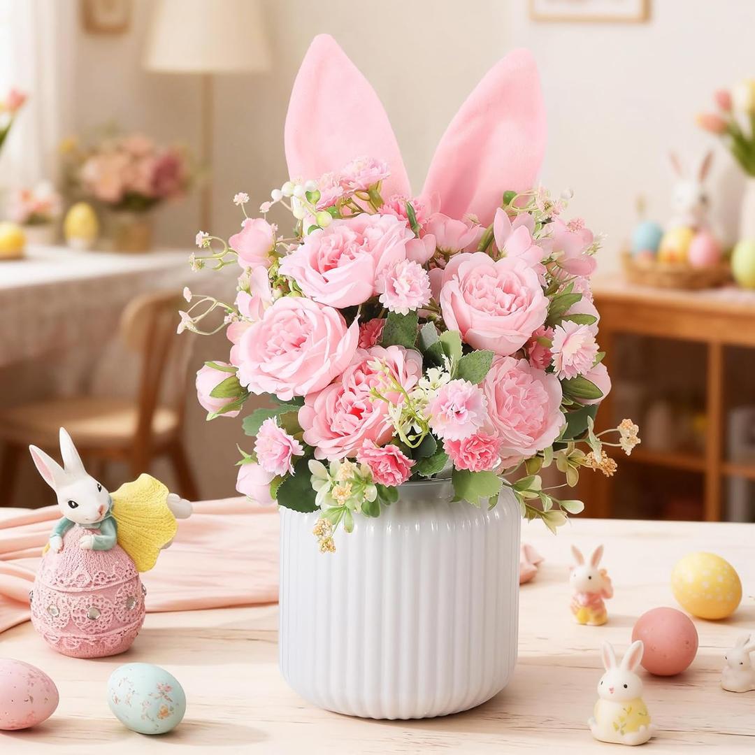 Yookeer Spring Easter Table Centerpiece Decorations Artificial Flower Bunny Ear and Vase Table 13.8 x 5.1 Inches Pink Spring Centerpieces Plush Rabbit Decor for Dining Room Home Office