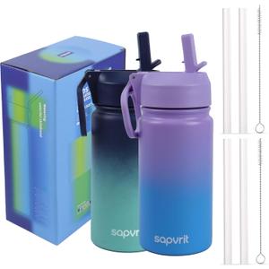 Water Bottle, 12 oz Water Bottles with Straw and Stickers, Stainless Steel Vacuum Double Wall Insulated cup,Water Bottle for School, Gifts for Girls (12OZ PURPLR BLUE+12OZ BLUE GREEN)