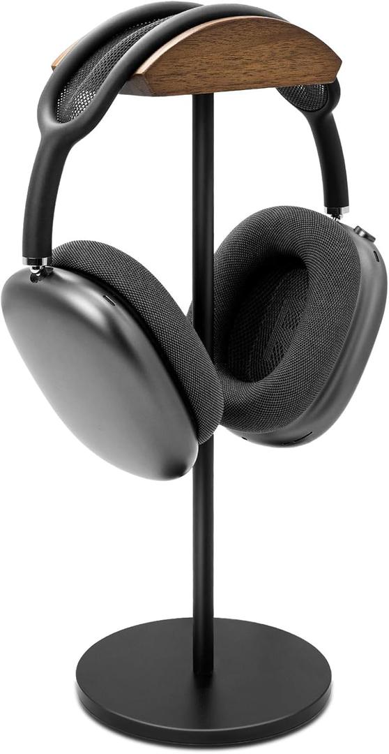 GEVO Headphone Stand for Desk, Walnut Wood & Aluminum Headset Stand, Universal Walnut Gaming Headset Holder with Solid Heavy Base for AirPod Max, Bose, Sony All Headphone Sizes (Circular Base)