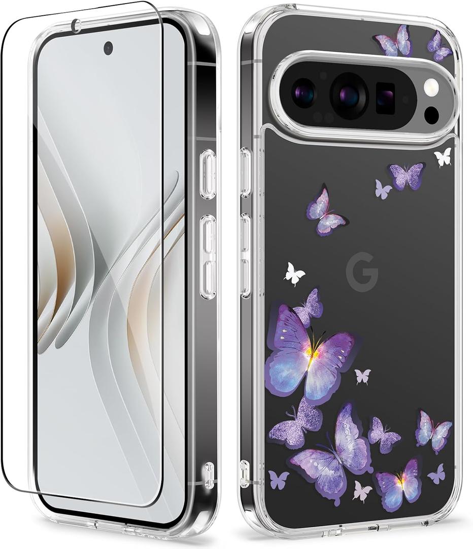 GVIEWIN for Google Pixel 9 Case/Pixel 9 Pro Case, [Screen Protector] [Military Grade Protection] Clear Floral Slim Shockproof Protective Women Phone Case Cover for Pixel 9 (Alluring Butterfly/Purple)