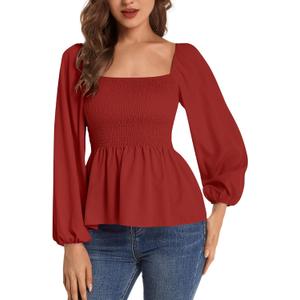 Umenlele Women's Long Sleeve Square Neck Shirred Ruched Ruffle Peplum Blouse Shirt Tops (Medium)